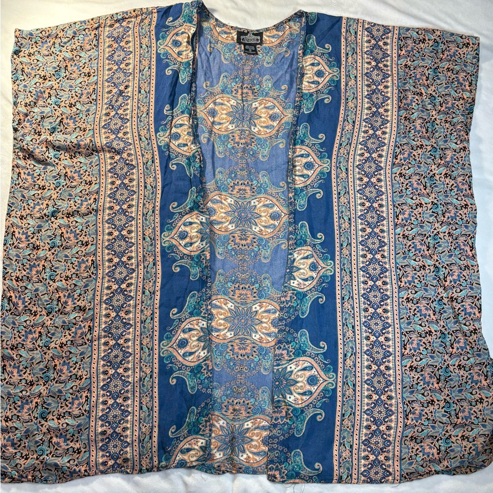 Angie Boho Paisley Kimono Cardigan – Size S – Blue/Peach Lightweight Open Front